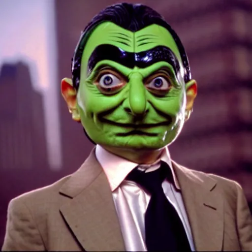 Image similar to mr. bean as the mask from the mask movie. movie still. cinematic lighting.