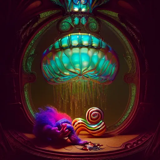 Image similar to candy iridescent creature in candyland, backlit, warm tones, bioluminescent : by michal karcz, daniel merriam, victo ngai and guillermo del toro : ornate, dynamic, particulate, intricate, elegant, highly detailed, centered, artstation, smooth, sharp focus, octane render