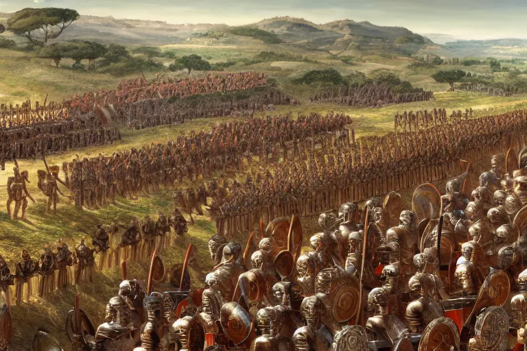 Image similar to Wide shot of epic distant battle of Cannae 216 BCE, with republic-era Roman soldiers in formations, Carthaginian phalanxes in formations, overlooking river Aufidius Italy, intricate, elegant, highly detailed, trending on Artstation, cgsociety