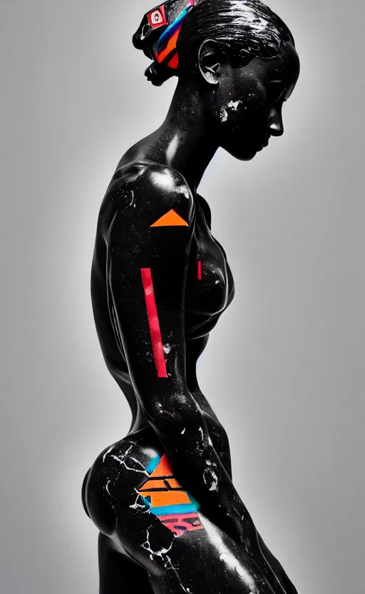 Image similar to extremely beautiful female black marble statue in the style of virgil abloh, colorful motocross logos behind her, sharp focus, clear, detailed,, cinematic, detailed, off white, glamourous, symmetrical, vogue, editorial, fashion, magazine shoot, glossy