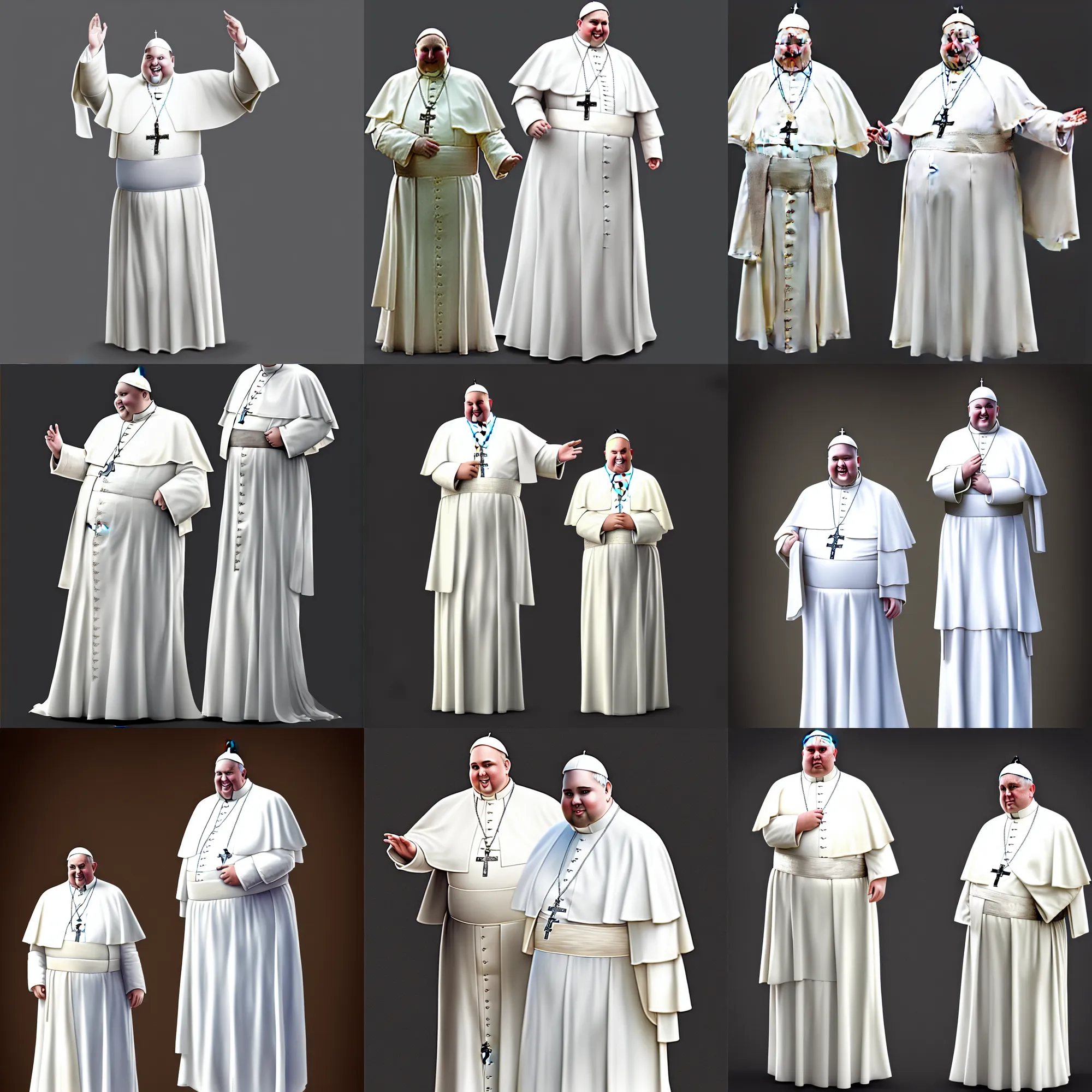 Prompt: one fat man clothed like a pope, wearing a long white dress standing. he is wearing a pope tiara, photorealistic, detailed cloth, concept art, matte painting