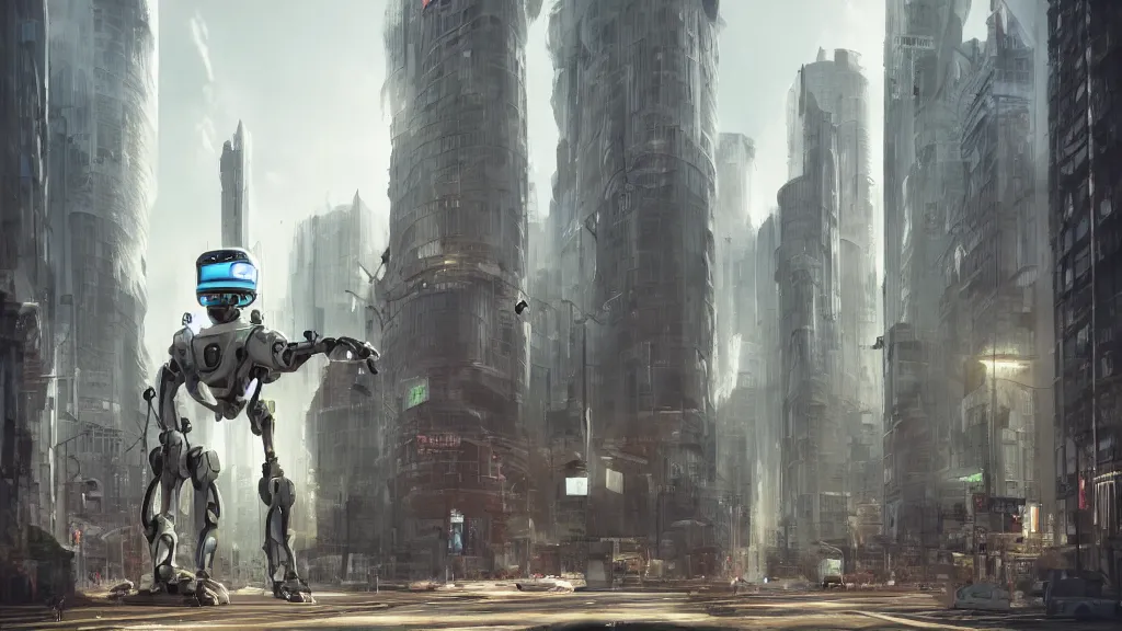 Image similar to Amazing photorealistic digital concept art of a guardian robot in a futurstic city, by James Clyne and Joseph Cross. Cinematic. Wide angle. Clean lines. Balanced composition.