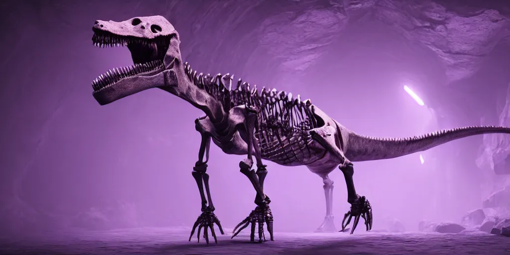 Prompt: full shot portrait of cute dinosaur skeleton in crystal cave, detailed, unreal engine 4k volumetric light, fog, purple color palette