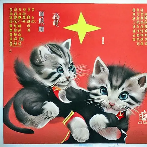 Prompt: a chinese propaganda poster cute kittens fighting in world war 3, ww 3, dystopian future, communist propaganda
