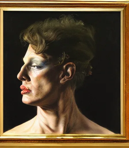 Prompt: a high quality, high detail, portrait of a drag queen by andrew wyeth and lucian freud, moody, melancholic