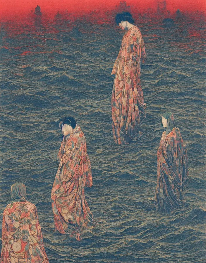 Image similar to worshippers in robes standing in waves, high detailed beksinski painting, part by adrian ghenie and gerhard richter. art by takato yamamoto. masterpiece, deep colours, blue