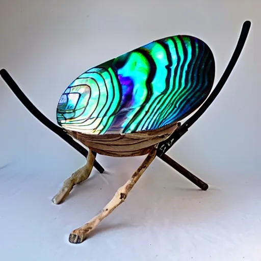 Image similar to beach chair made of large iridescent abalone shell, nacre, driftwood, sunny 35 mm product photo