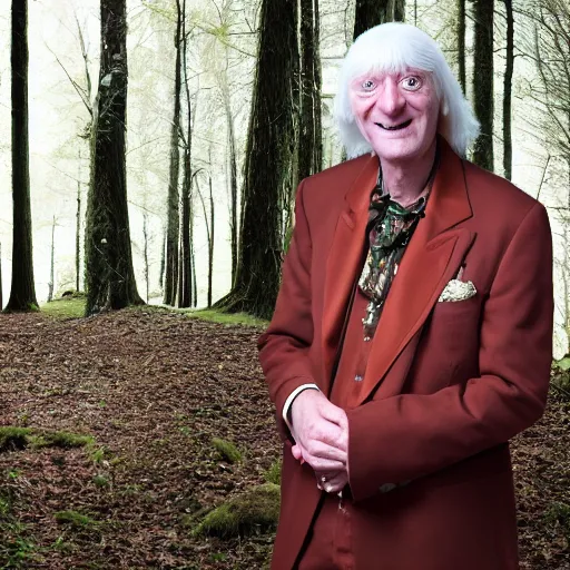 Image similar to full length beautiful jimmy savile, forest style studio shot, professional photographer, many details, super realistic, high quality, 8 k