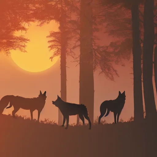 Image similar to silhouette art of a forest with wolves, stunning, sunset, intricate, 4 k wallpaper, trending on artstation gradient black to purple