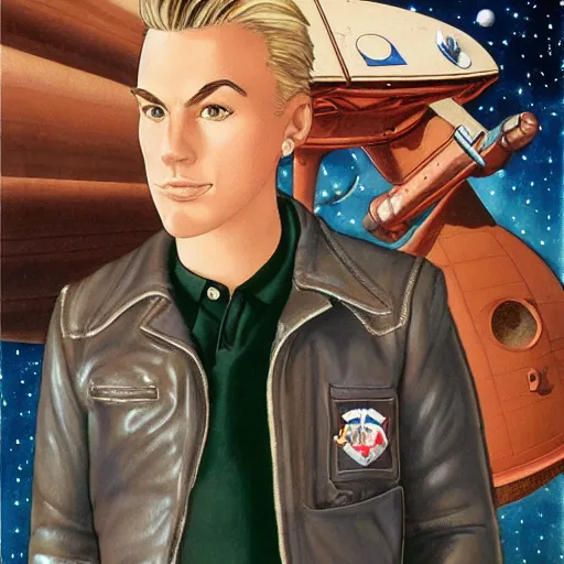 Image similar to handsome butch princely heroic square - jawed emotionless serious blonde woman aviator, with very short butch slicked - back hair, wearing brown leather jacket, standing in front of small spacecraft, illustration, science fiction, highly detailed, ron cobb, mike mignogna