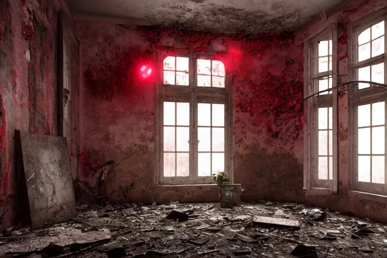 Prompt: ruined, abandoned polish bedroom, seen from inside. Strong red light falls through the broken windows. Dirt, leaves on ground. Unreal Engine. Substance painter. Zbrush. Trending on artstation. 8K. Red colorscheme. Highly detailed.