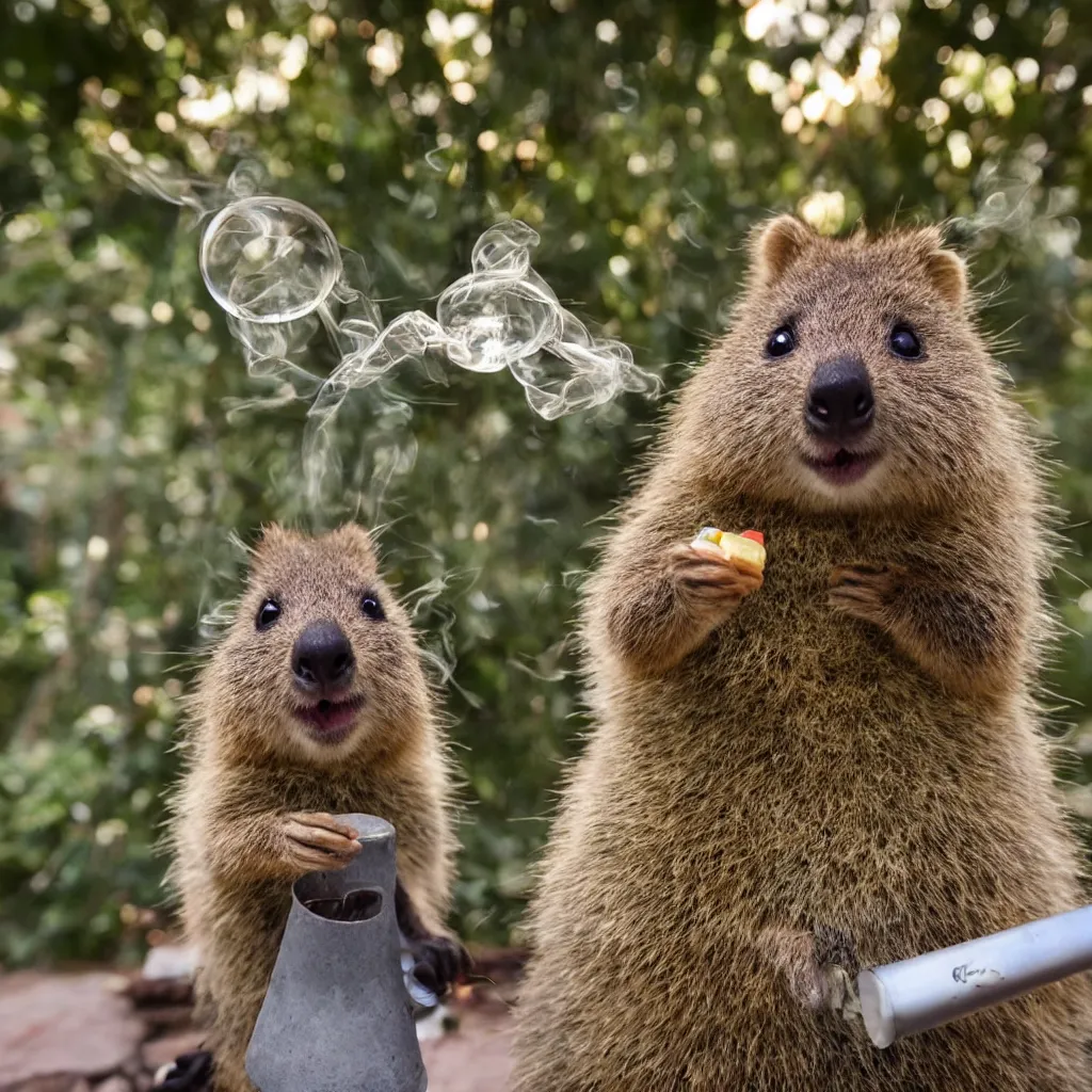 Prompt: happy quokka taking a smoking a bong and eating candy, golden hour, ultra realistic