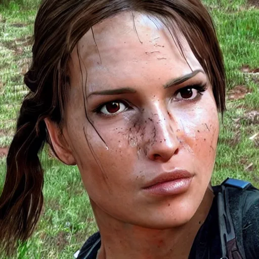 Image similar to film scene lara croft emerges from the river water, her face is covered with mud, part of the body is still in the river, it looks sweaty, hd