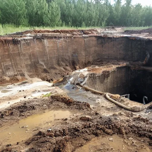 Image similar to underground mine, flooded, dirty water, rusty pipes