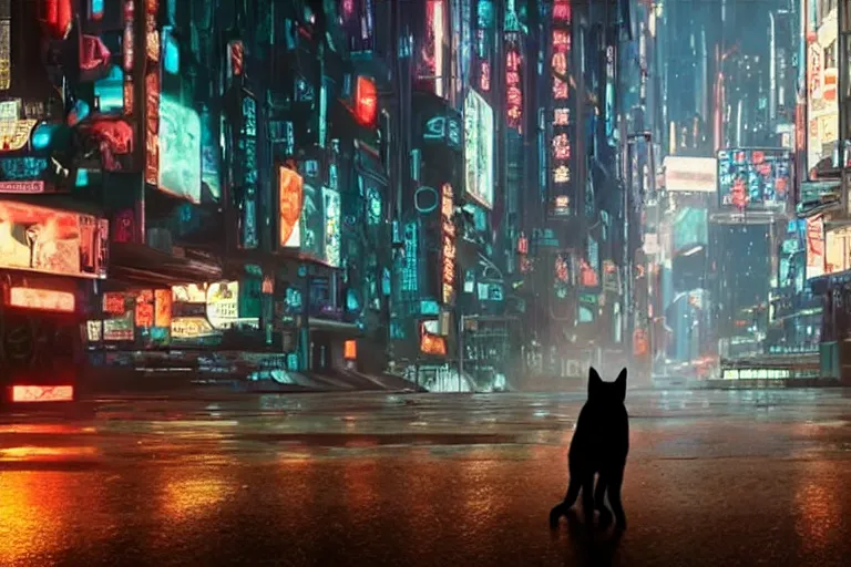 Image similar to futuristic VFX movie of a cat walking through a cyberpunk city rainy night natural lighting by Emmanuel Lubezki