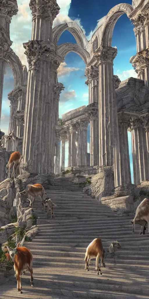 Image similar to a herd of goats! on stairs in a beautiful fantasy cathedral, epic, grandiose, many goats, magic, greek columns, tall towers, gorgeous clouds, colorful, sunrays, digital painting, landscape, octane render, unreal engine, high detail, very realistic, by katsuya terada