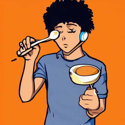 Prompt: a portait of young man holding a spoon while listening to music, logo, high detail, in a style of anime