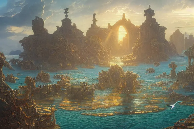 Image similar to a scenic landscaping view of the lost city of Atlantic city under water, ray of sunlight, mermaids in distance, Greg Rutkowski, Moebius, Mohrbacher, Mucha, blue and gold color scheme