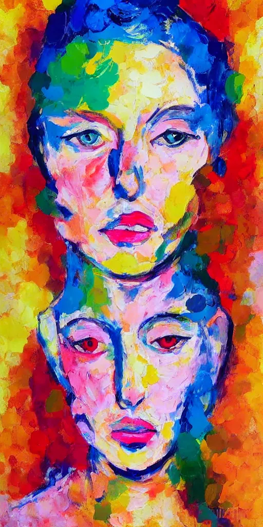 Image similar to portrait of beautiful woman painted with colorful gouache impasto