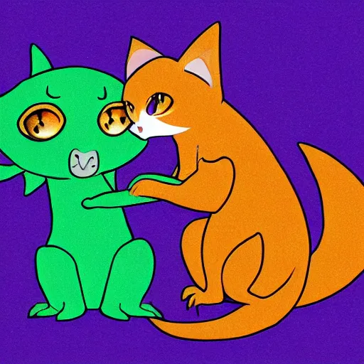 Image similar to small cute purple dragon, the dragon is hugging an orange tabby cat, soft, cozy