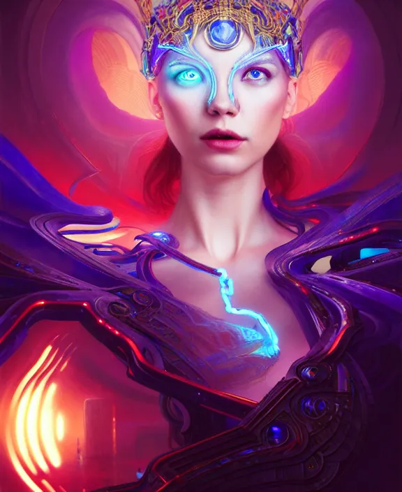 Image similar to a whirlwind of souls rushing inside the metaverse, half body, glowin eyes, tiara with sapphire, pharaoh, android, cyberpunk, d & d, fantasy, intricate, elegant, highly detailed, colorful, vivid color, digital painting, artstation, concept art, art by artgerm and greg rutkowski and alphonse mucha and ruan jia