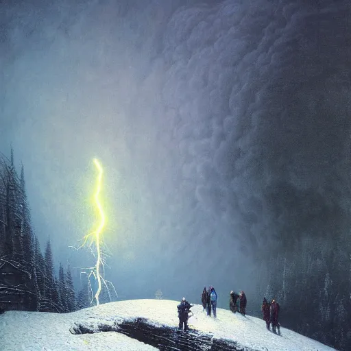 Image similar to a beautiful painting of group of climbers, extreme cold, storm, octane rendering, grim, dark, gloomy, cruel, volumetric lightning, hyperrealism, no blur, 4 k resolution, ultra detailed, style of john atkinson grimshaw, ivan shishkin, tyler edlin, scott listfield, eric zener