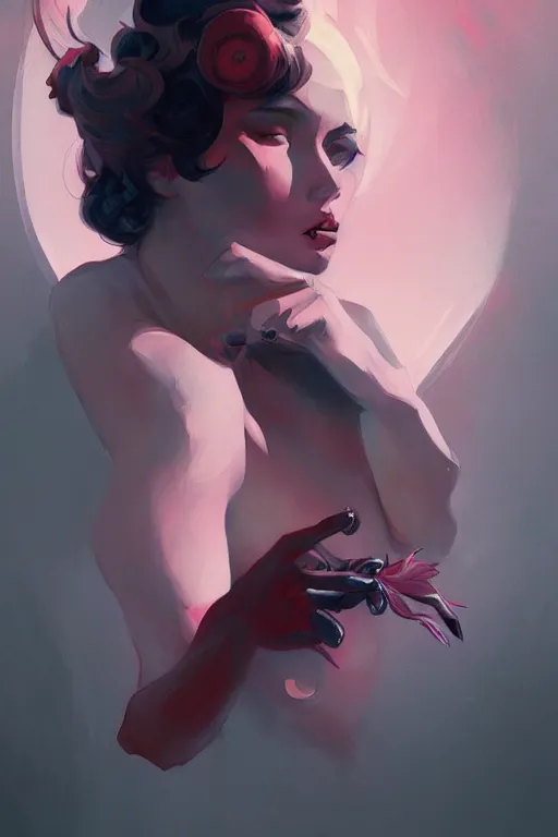 Image similar to noir femme fatale by sabbas apterus and james jean, saturated colors, concept art, beautiful circular composition, digital painting, trending on artstation, mucha