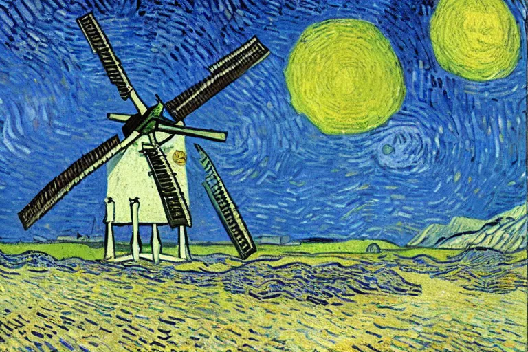 Image similar to windmill on the surface of the moon, circus, magical, warm light by van gogh