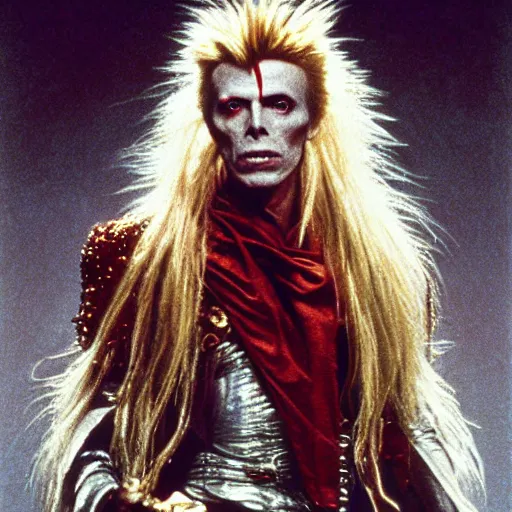 Prompt: David Bowie as the Goblin King from the movie Labyrinth (1986), intricate, highly detailed, fullbody, artstation, concept art, smooth, sharp focus, illustration, art by greg rutkowski and orientalism and bouguereau and Zdzislaw Beksinski, good clear quality, lighting, biology, symmetrical artwork, perfect face, 135 mm, cinematic, hyper realism, high detail, octane render, 8k, chrome accents