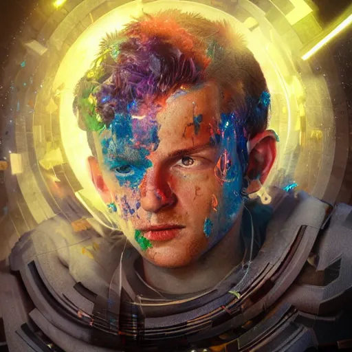 Prompt: improbability, octane render, portrait made of paint, splashes of colors, comic book art, highly detailed