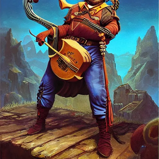 Prompt: D&D character portrait jack black as bard in a tavern playing a bad song designed by Bruce Pennington painted by Ed Emshwille Graphic novel