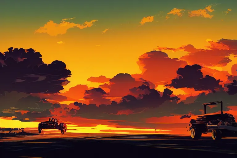 Prompt: country roadside sunset sky clouds illustration by syd mead artstation 4 k 8 k graphic novel concept art matte painting