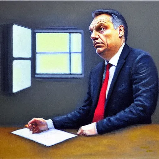 Image similar to viktor orban tiktok on his phone in a cubicle, oil painting