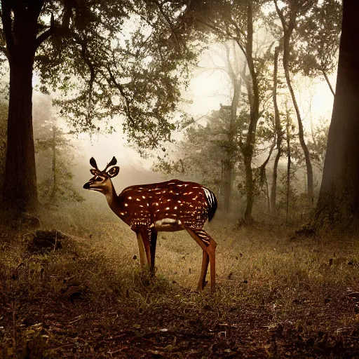 Image similar to a beautiful spotted deer in the woods lit by the morning sky, sunrise, chital, photorealistic, by annie leibovitz and steve mccurry, natural light, canon eos c 3 0 0, ƒ 1. 8, 3 5 mm, 8 k, medium - format print