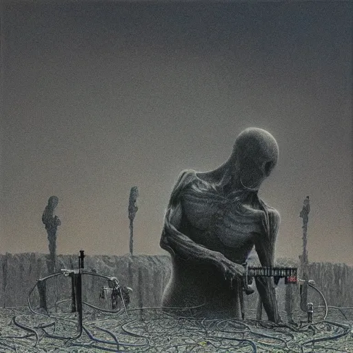 Image similar to death grips, dj ride, playing a concert in a desolate brutalist wasteland, painted by zdzislaw beksinski