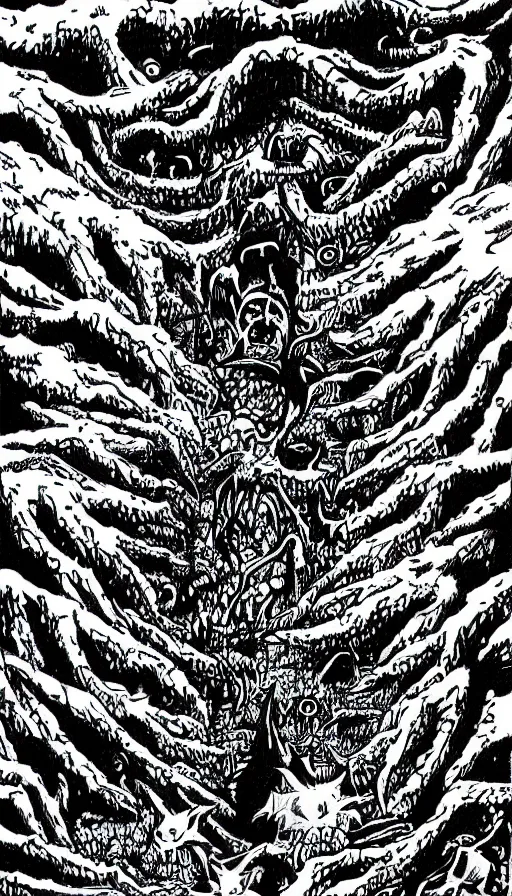 Image similar to a storm vortex made of many demonic eyes and teeth over a forest, by eiichiro oda
