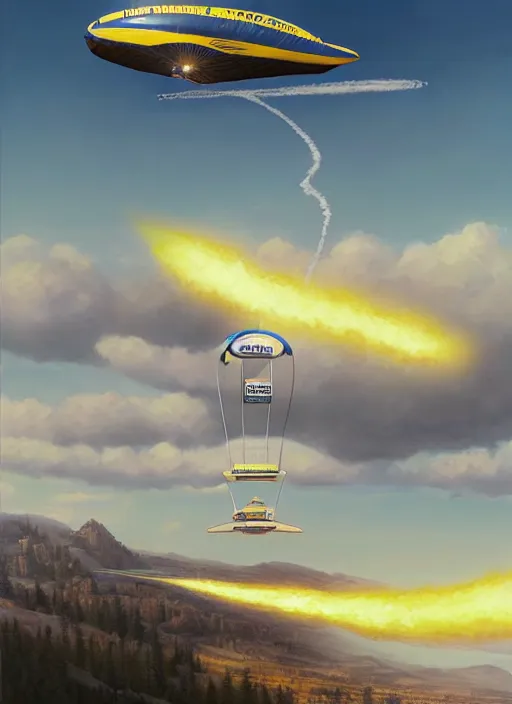 Prompt: the goodyear blimp, in the air, firing a mounted railgun at the michelin man down below, elegant intricate digital painting artstation concept art by mark brooks and brad kunkle, extreme detailed