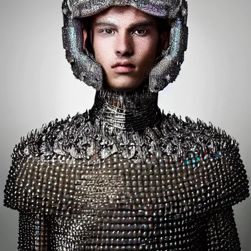 Image similar to a portrait of a beautiful young male wearing an alexander mcqueen armor made of holographic pearls , photographed by andrew thomas huang, artistic