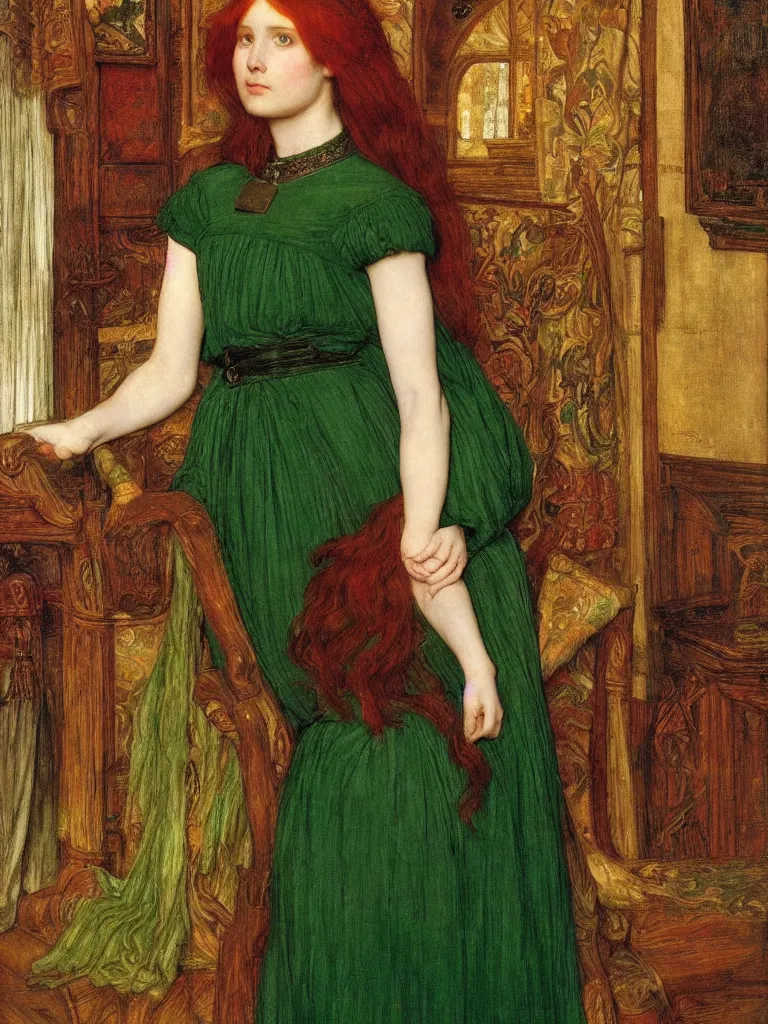 Prompt: portrait of one beautiful young woman with flowing red hair, green dress, interior of a medieval living room, pre-raphaelite, backlit, by Waterhouse, by Millais