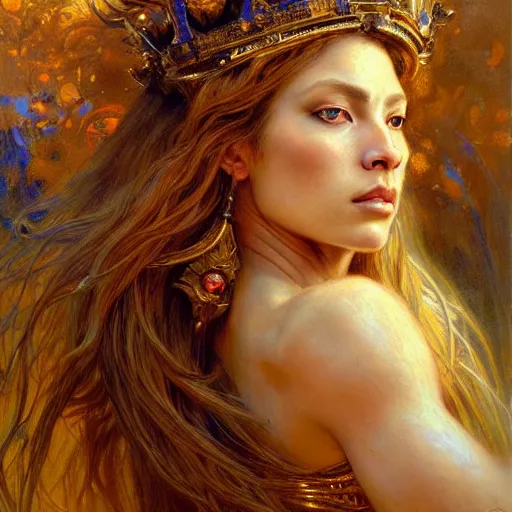 Prompt: highly detailed portrait of a majestic lioness queen in the form of a beautiful woman. d & d. art by donato giancola, eugene delacroix, ruan jia, gaston bussiere. trending on artstation, intricate details, energetic composition, golden ratio, concept art, illustration, elegant art, global illuminaition