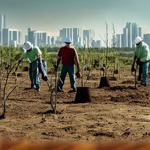 Image similar to a group of workers planting trees in a barren landscape alongside a sci fi nuclear containment building with a utopian city in the distance