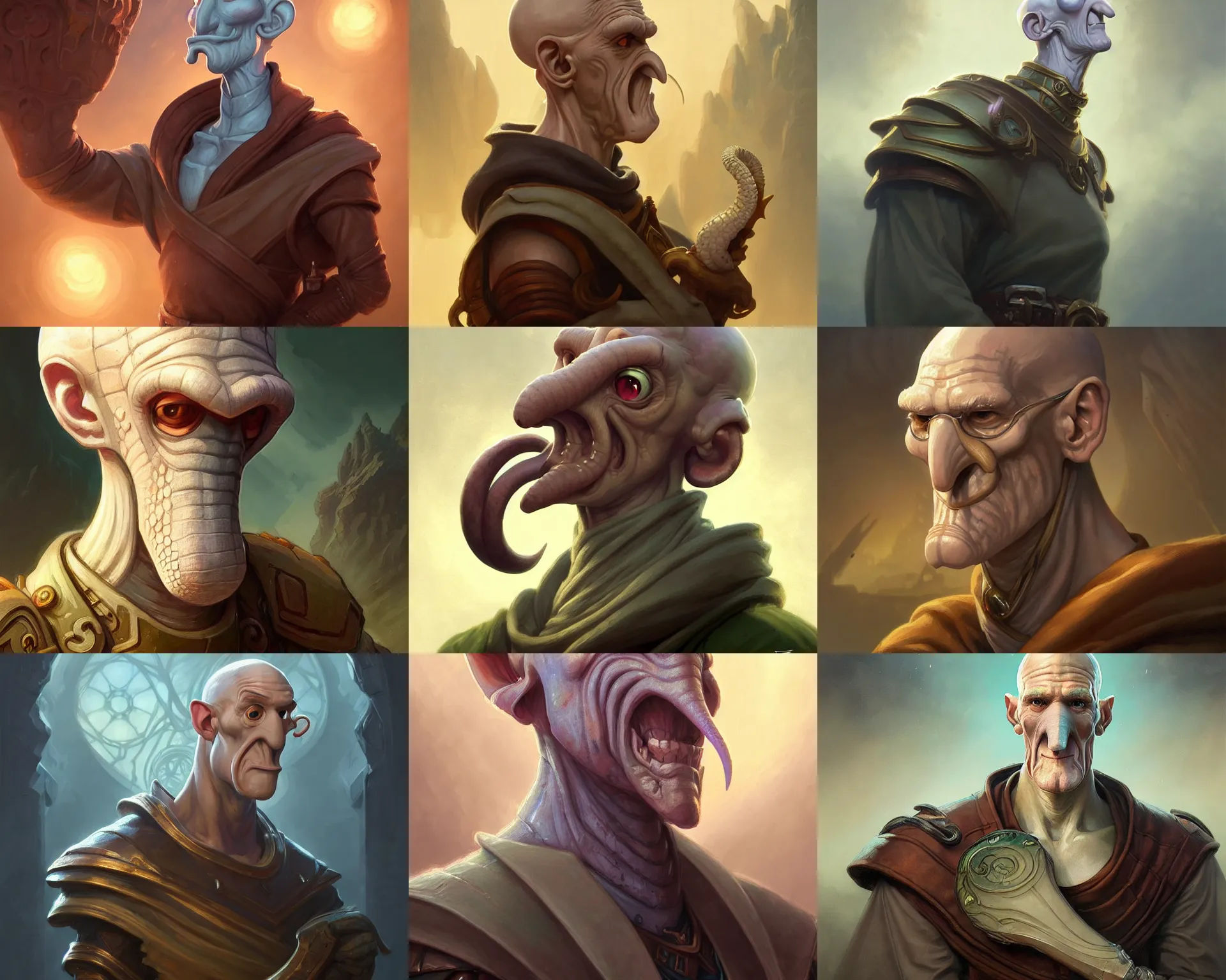 Prompt: handsome squidward portrait, deep focus, d & d, fantasy, intricate, elegant, highly detailed, digital painting, artstation, concept art, matte, sharp focus, illustration, hearthstone, art by artgerm and greg rutkowski and alphonse mucha