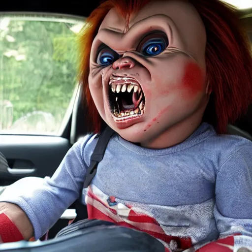 Image similar to middle aged screaming chucky doll driving to work in a minivan and stuck in gridlock traffic