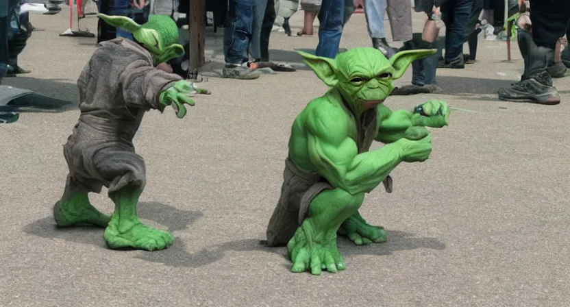 Image similar to a mix between Hulk and Yoda and Dobby and Gollum fighting robots, center frame medium shot, shot on technicolor cinemascope 35mm anamorphic lense, flare