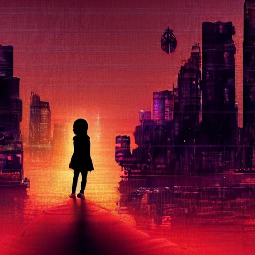 Prompt: digital art cyberpunk landscape silhouette of young girl holding a teddy bear in the foreground