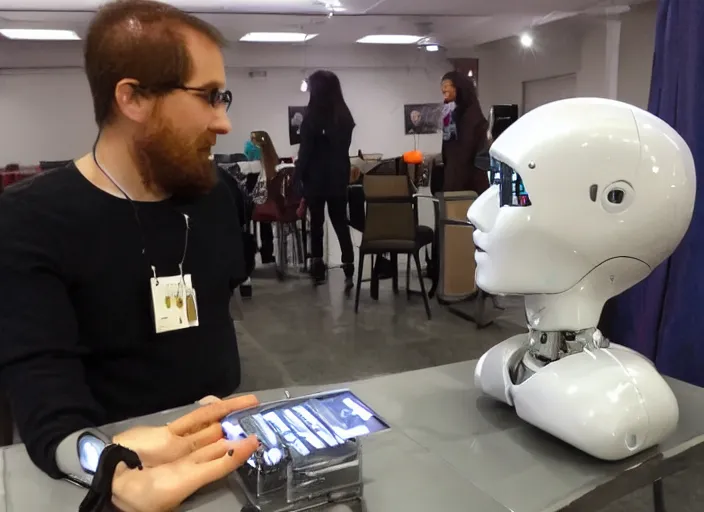 Image similar to A severed human head. also, a Robot. meeting