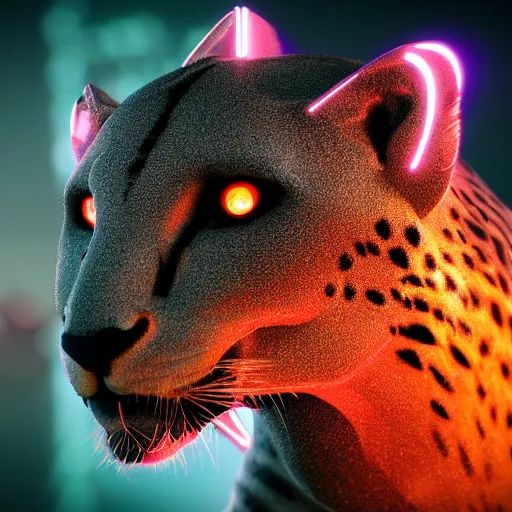 Image similar to closeup profile shot of a neon electric cheetah, city lights, strong bokeh, dramatic, cinematic, high contrast, octane render, cgsociety, 4k