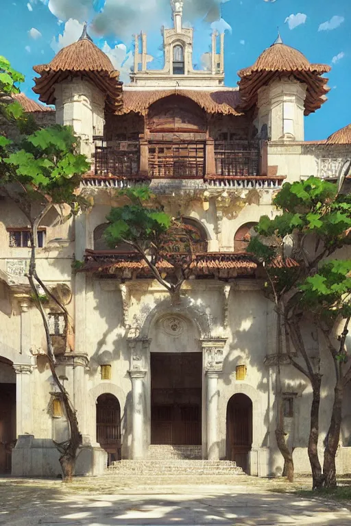 Image similar to the front of a spanish school, spanish architecture, tropical, by greg rutkowski makoto shinkai takashi takeuchi