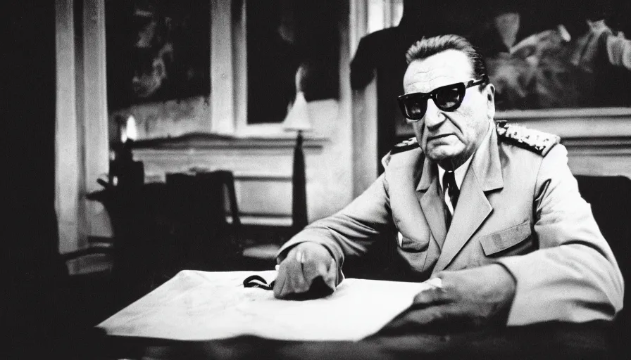 Prompt: color photo of Josip Broz Tito, ILFORD DELTA 3200, high quality, criterion collection