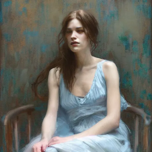 Prompt: girl with long hair, summer dress, sitting on designer chair, dramatic light, cinematic, bare feet, by jeremy lipking, jeremy mann, ron hicks, casey baugh